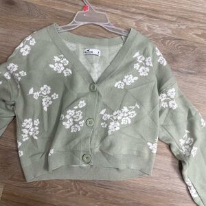 Hollister Green and White Floral Cardigan Sweater